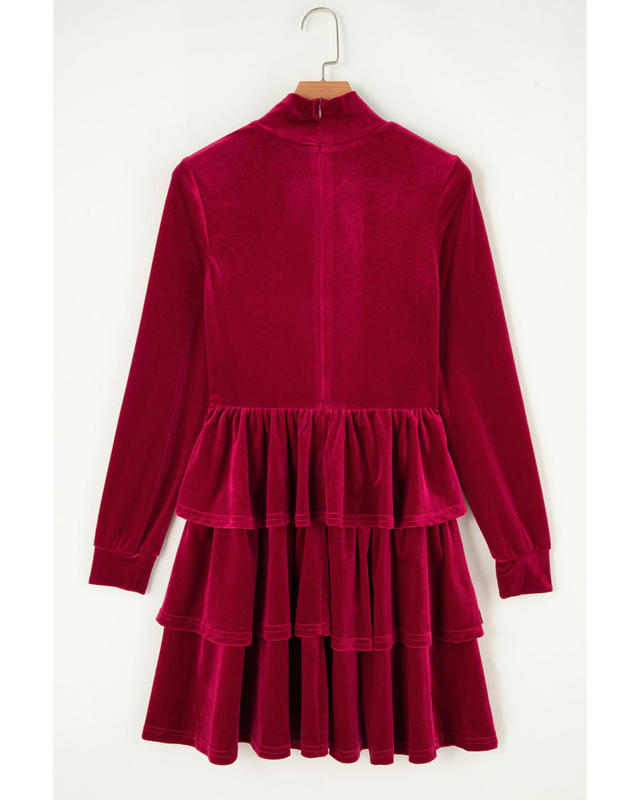 Racing Red Velvet High Neck Tiered Ruffle Mini Dress - M
