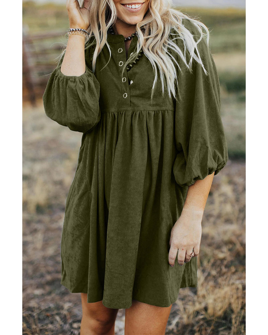 Vineyard Green Corduroy Snap Buttons Empire Waist Bracelet Sleeve Dress - M