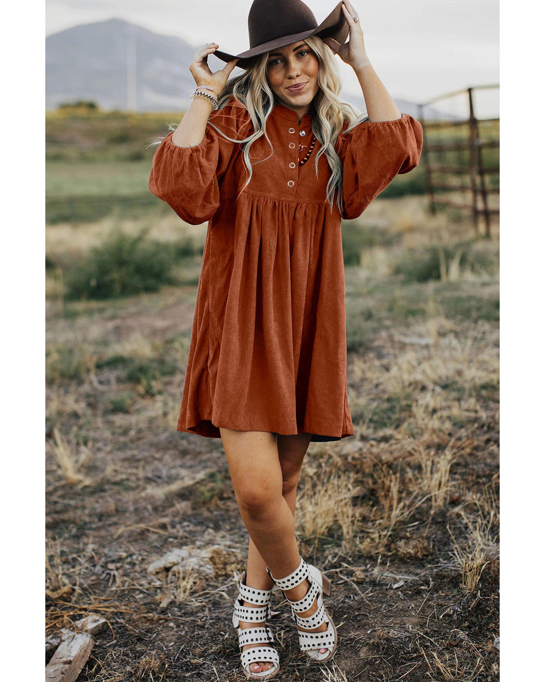 Gold Flame Corduroy Snap Buttons Empire Waist Bracelet Sleeve Dress - XL