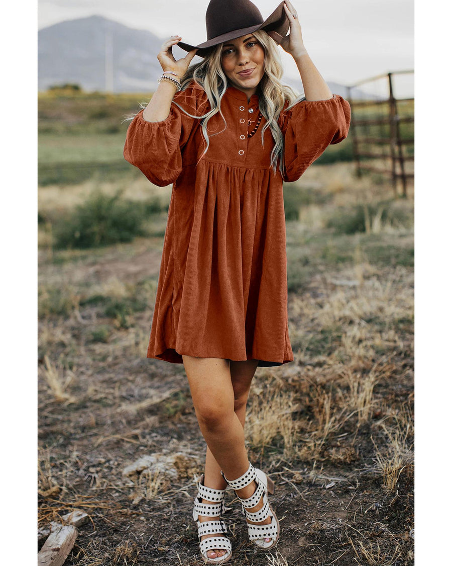 Gold Flame Corduroy Snap Buttons Empire Waist Bracelet Sleeve Dress - XL