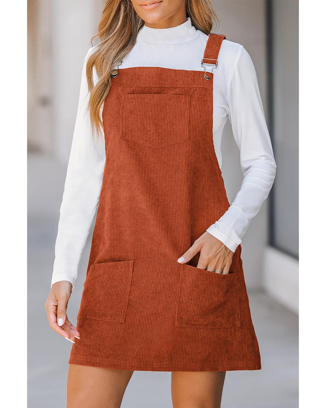 Cinnamon Solid Front Pockets Sleeveless Corduroy Overall Dress - L