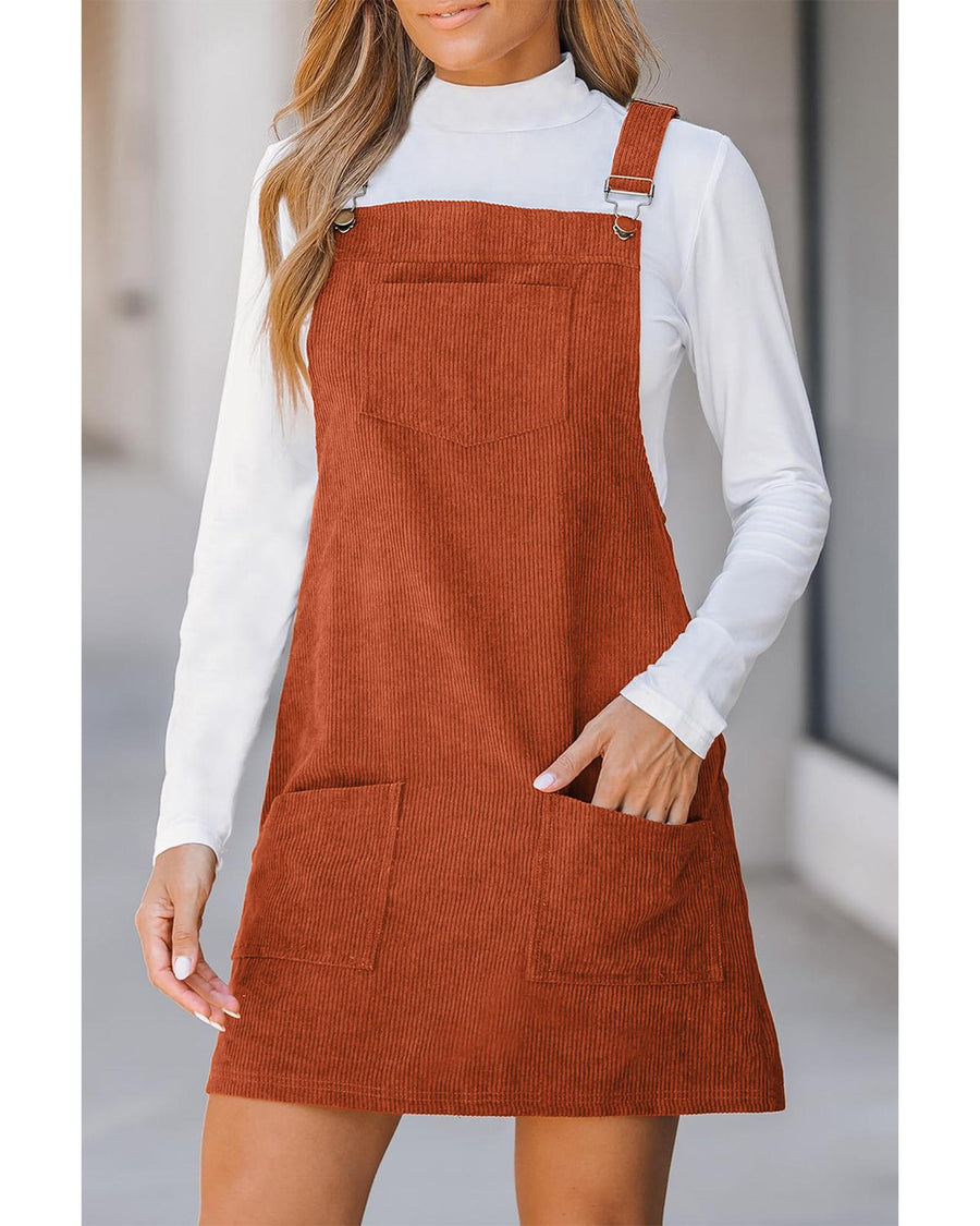 Cinnamon Solid Front Pockets Sleeveless Corduroy Overall Dress - XL