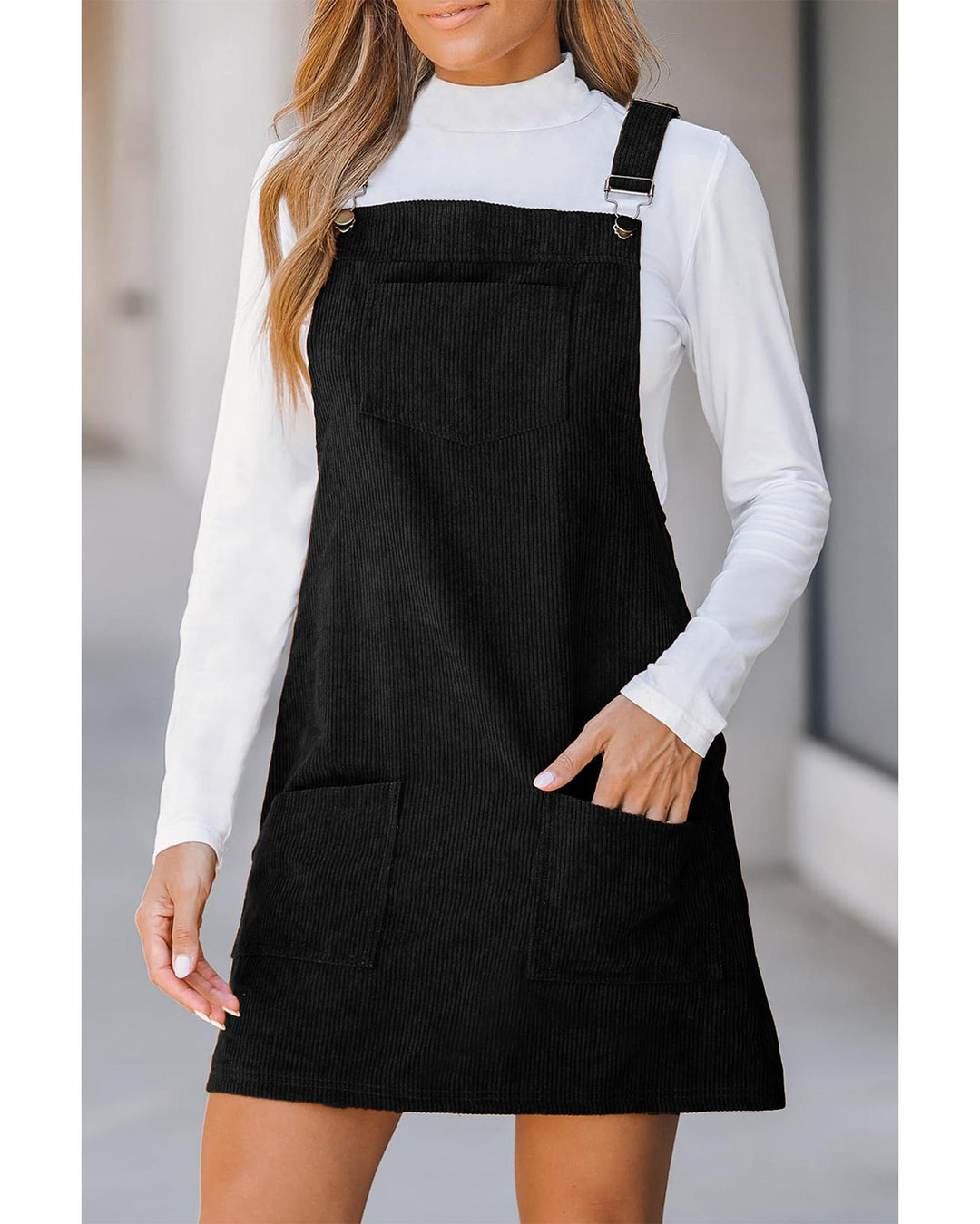 Black Solid Front Pockets Sleeveless Corduroy Overall Dress - L