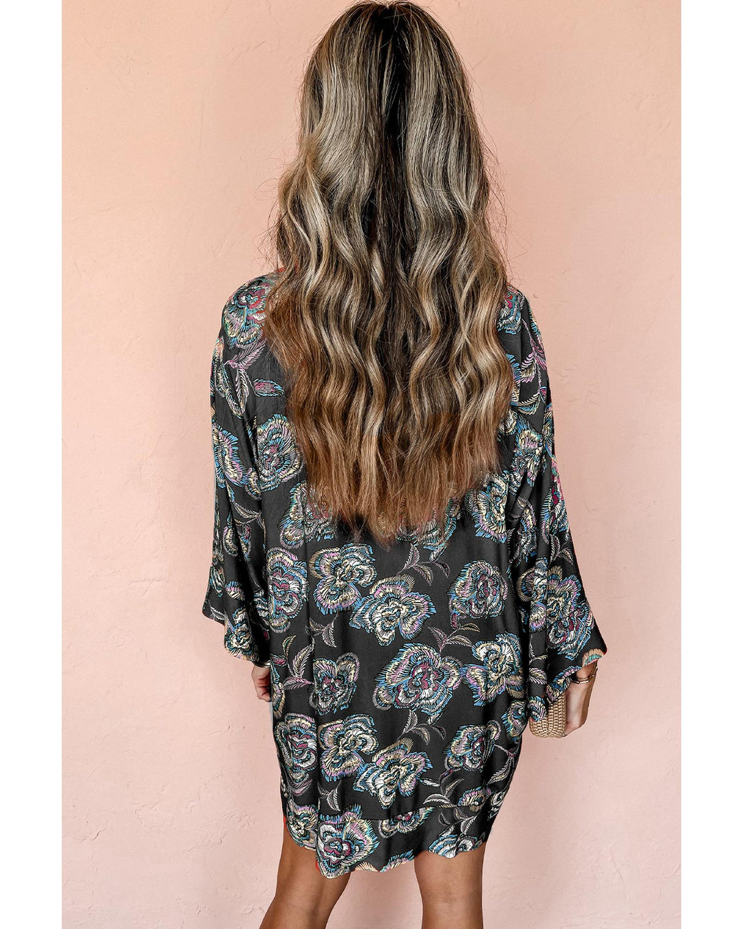 Black Floral Print Lapel Collar Loose Shirt Mini Dress - XL