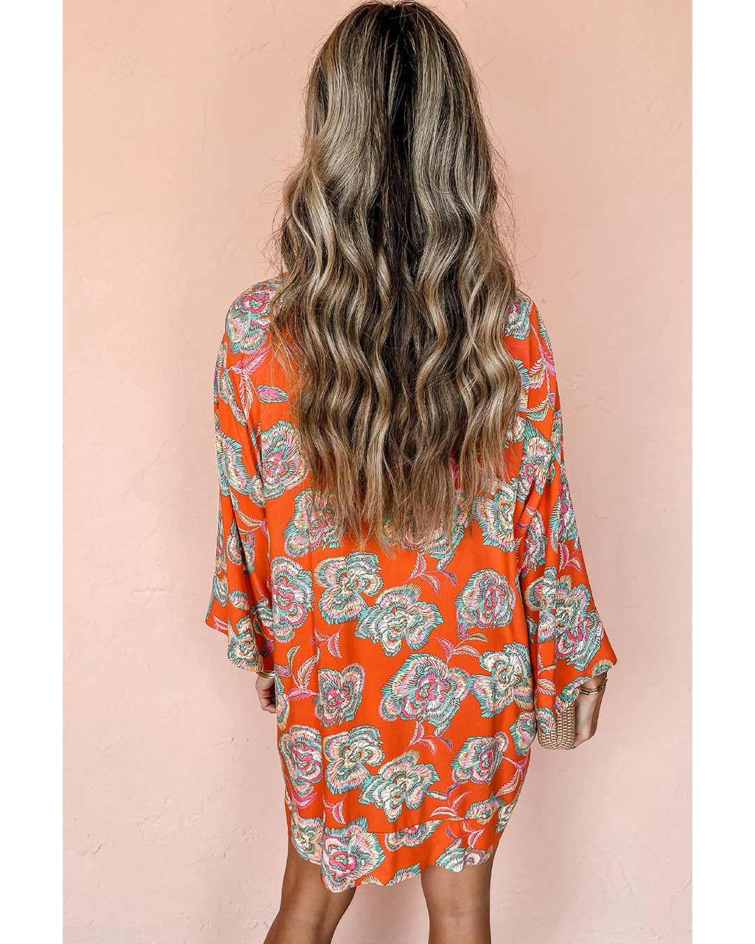 Red Floral Print Lapel Collar Loose Shirt Mini Dress - XL