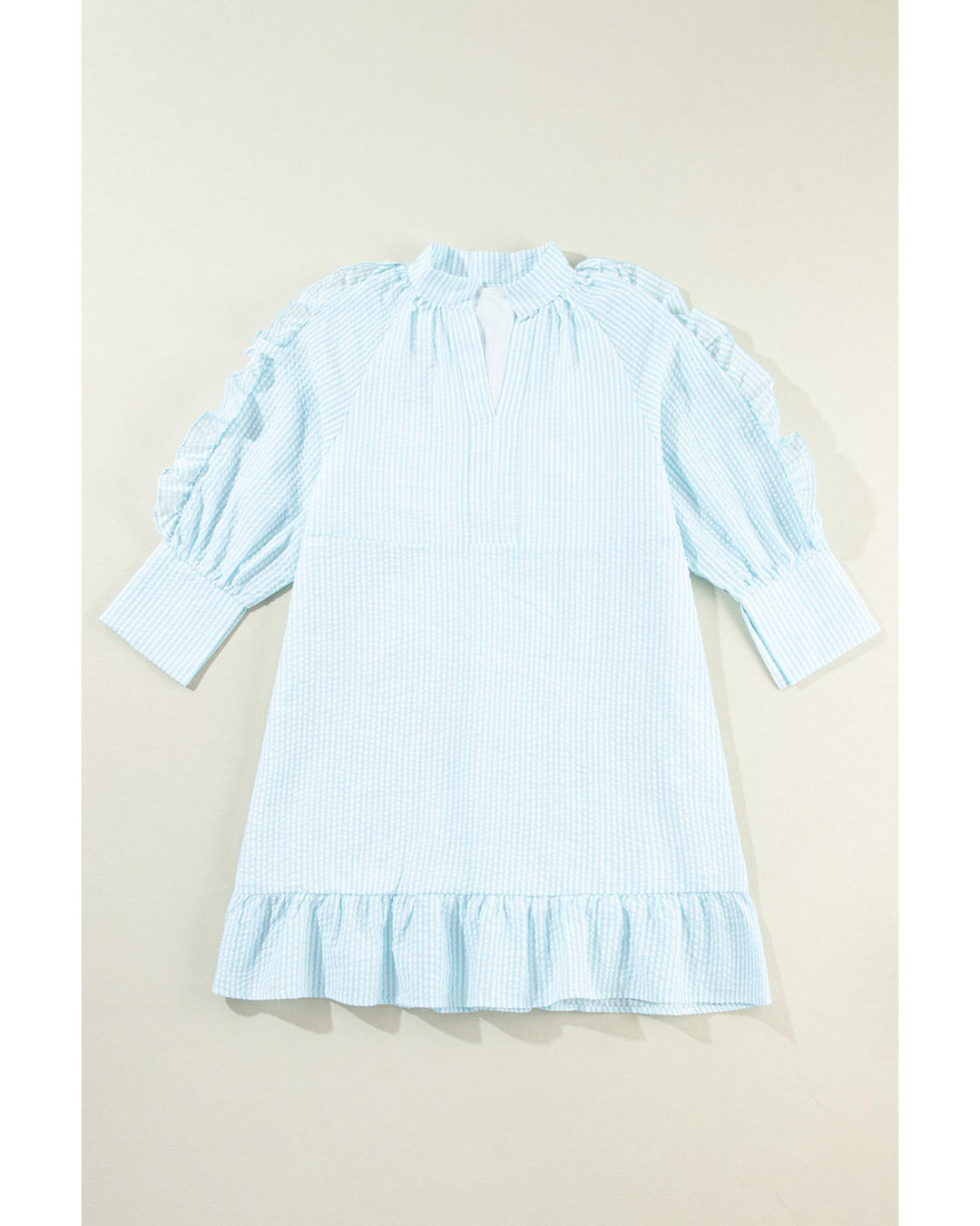 Myosotis Seersucker Ruffled Puff Sleeve Stand Neck Mini Dress - XL