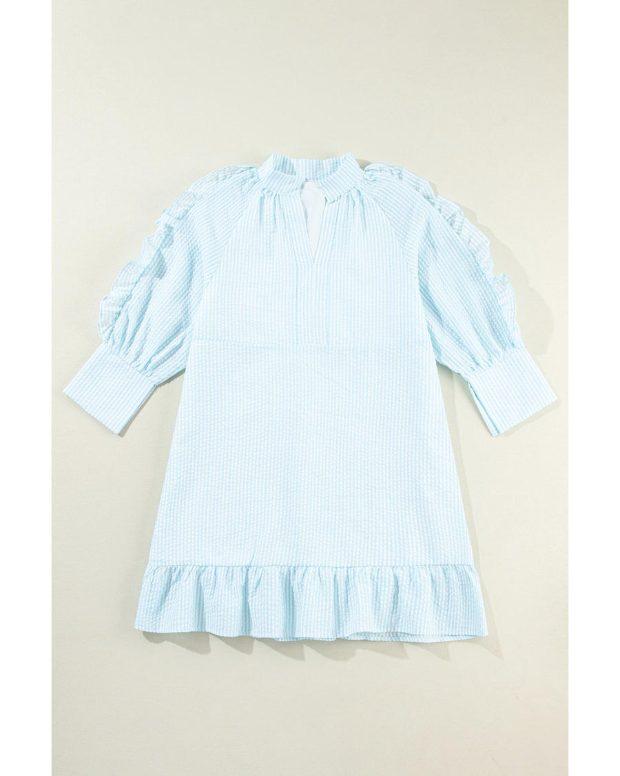 Myosotis Seersucker Ruffled Puff Sleeve Stand Neck Mini Dress - XL