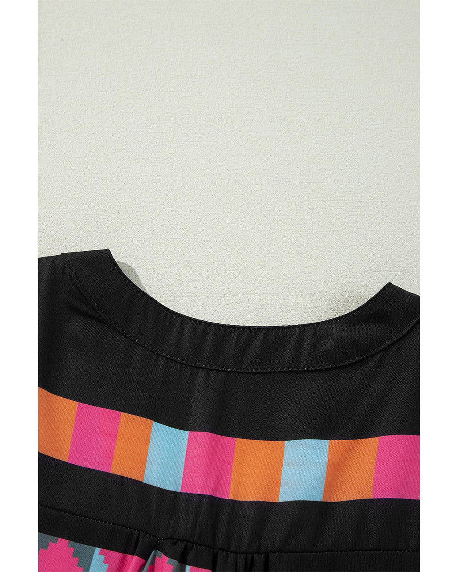 Black Ethnic Print Buttoned V Neck Bell Sleeve Ruffle Patchwork Dress - XL