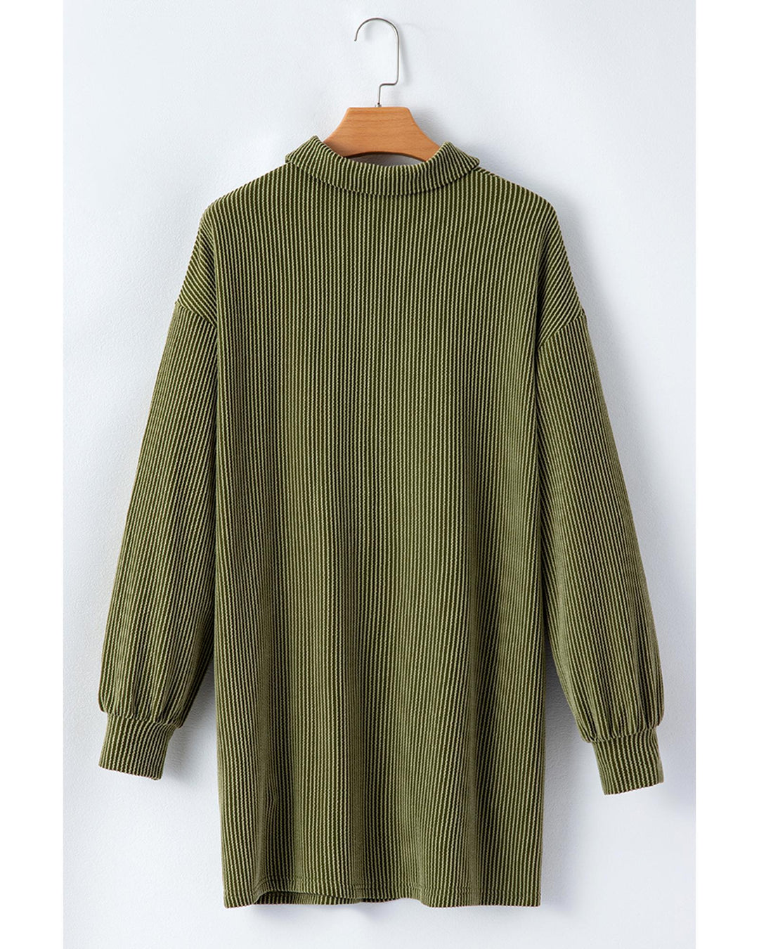 Moss Green Corded Buttons Placket Drop Shoulder Collared Shift Dress - S