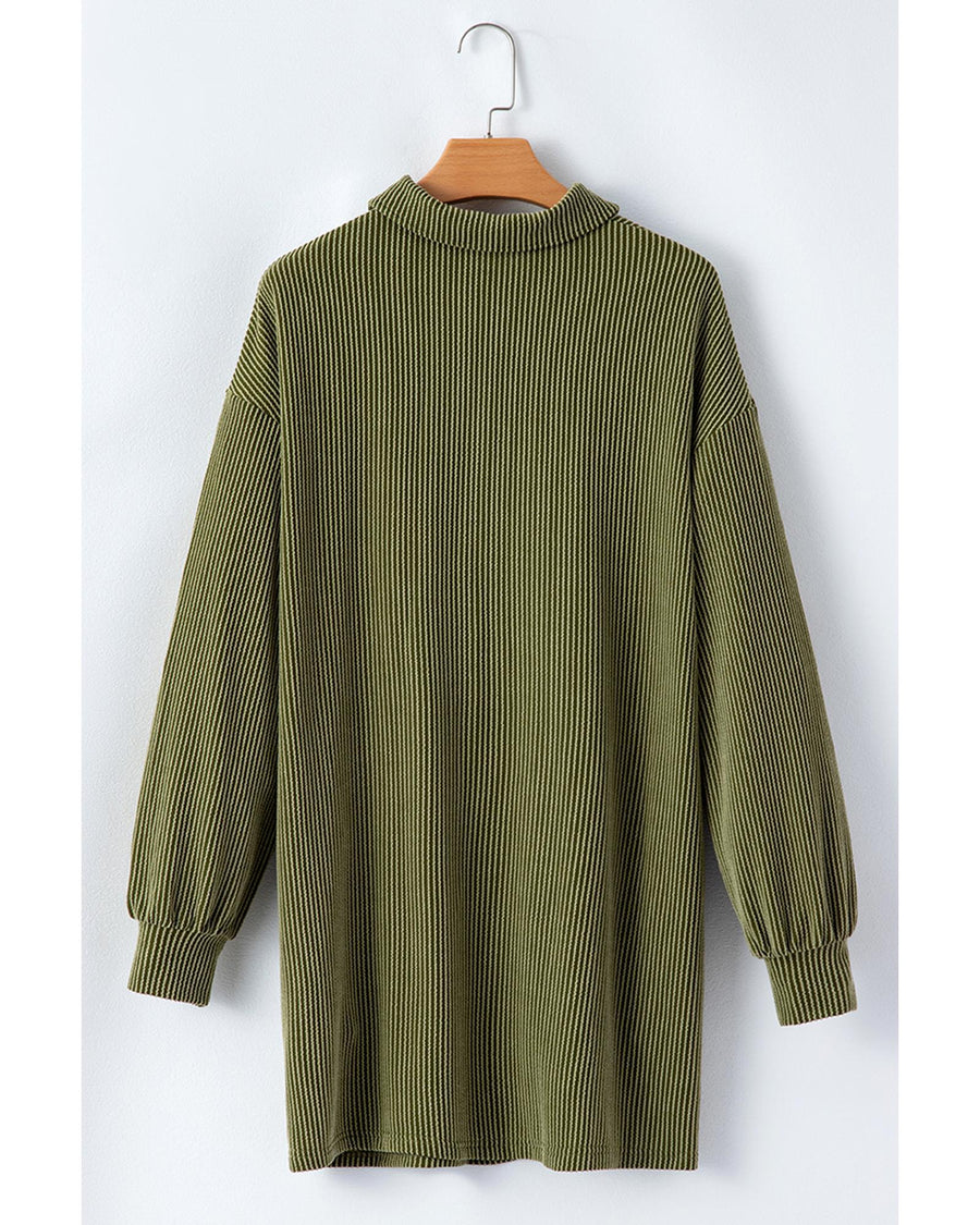 Moss Green Corded Buttons Placket Drop Shoulder Collared Shift Dress - S