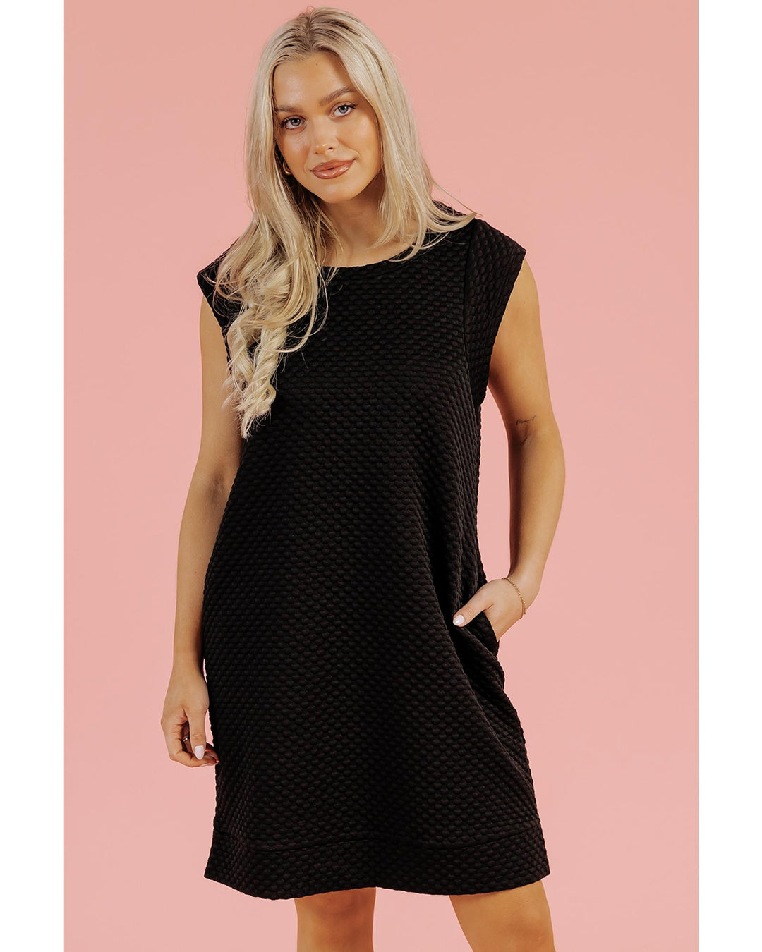 Black Textured Cap Sleeve T-shirt Shift Mini Dress - M