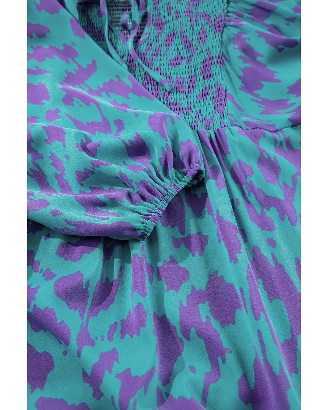 Sky Blue Abstract Print Puff Sleeve Tied Notched Neck Long Dress - M