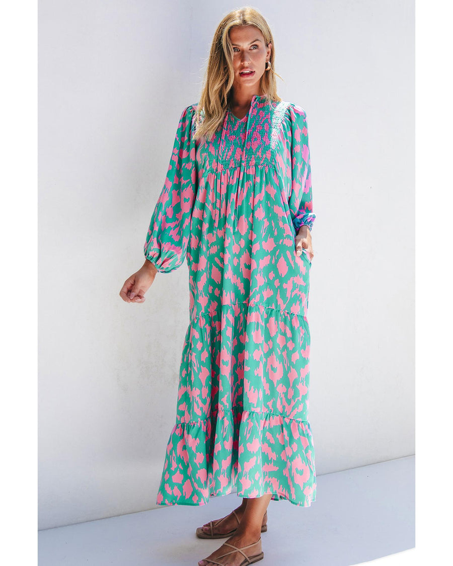 Green Abstract Print Puff Sleeve Tied Notched Neck Long Dress - M