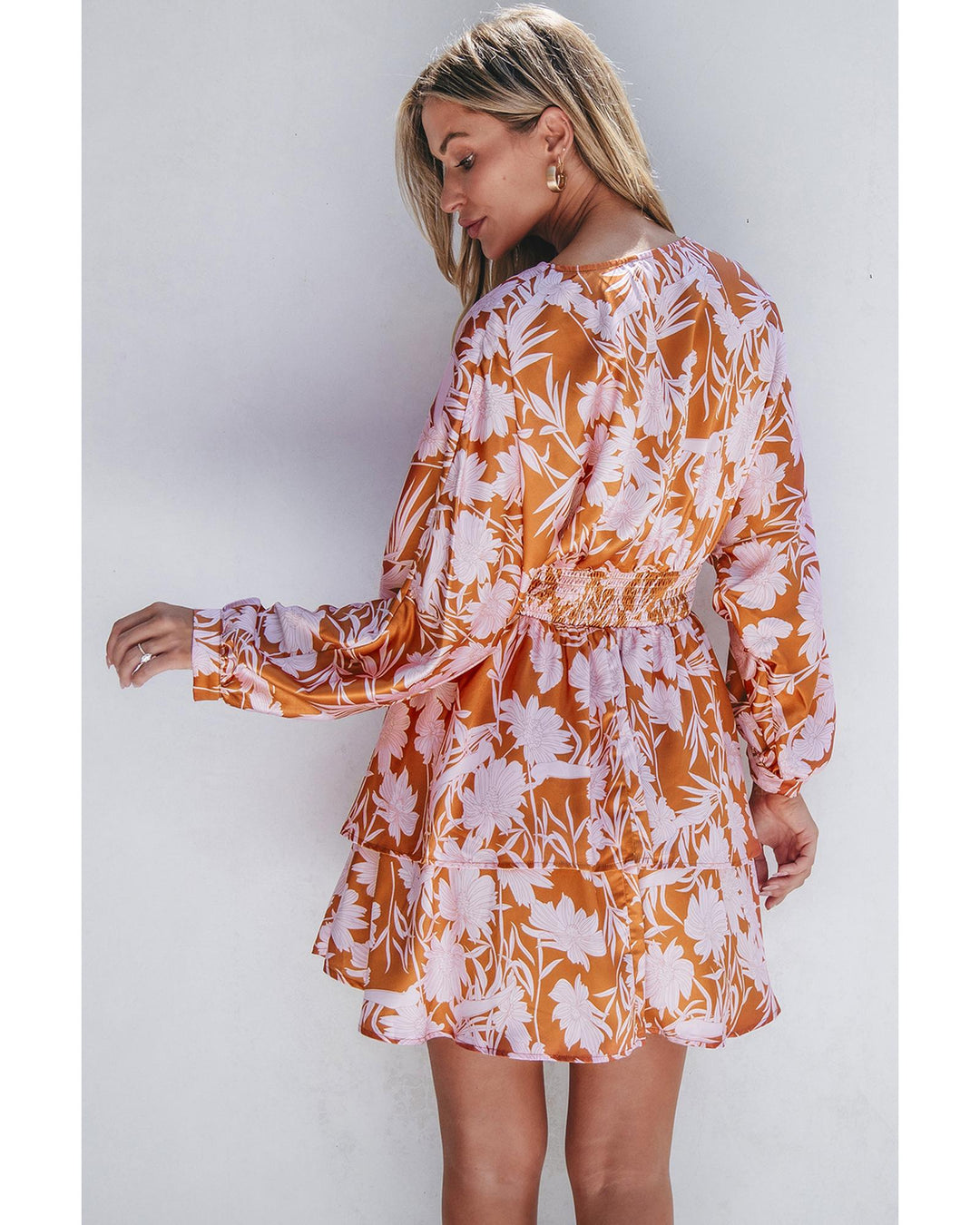 Brown Floral Puff Sleeve Smocked Waist Layered Dress - S