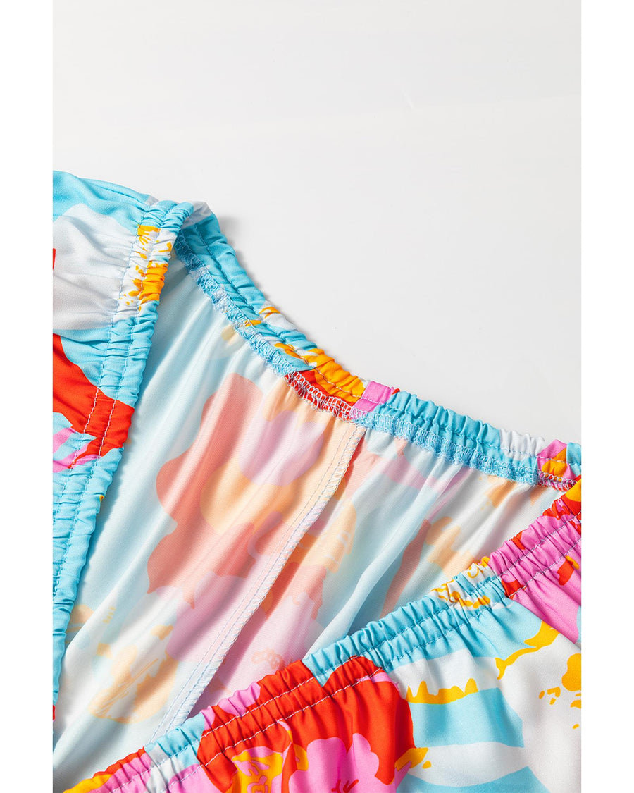 Sky Blue Floral Bracelet Sleeve Empire Waist Mini Dress - L