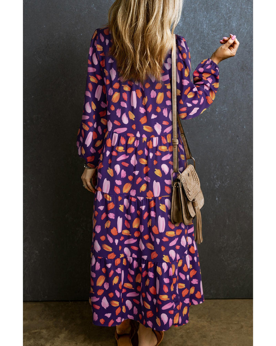 Blue Petal Collared Tiered Flowy Long Dress - L