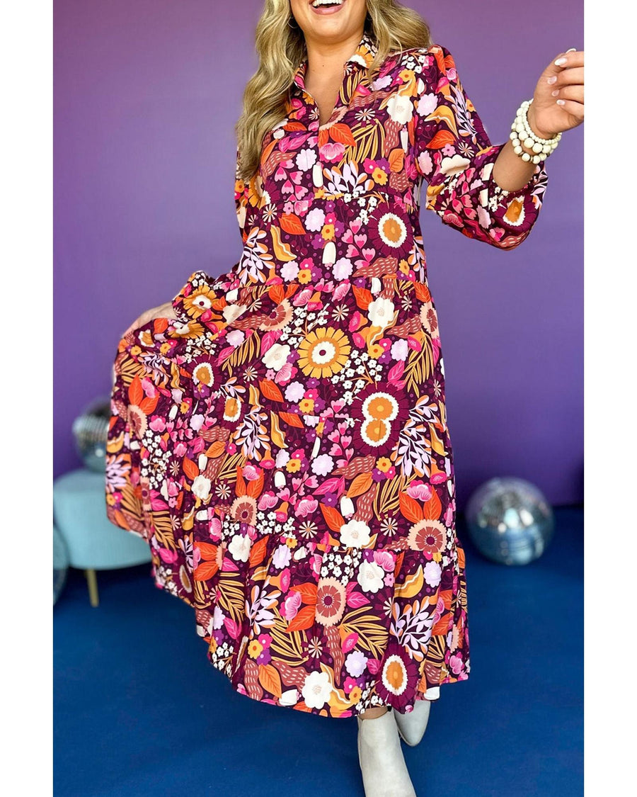 Purple Collared Tiered Flowy Long Dress - S