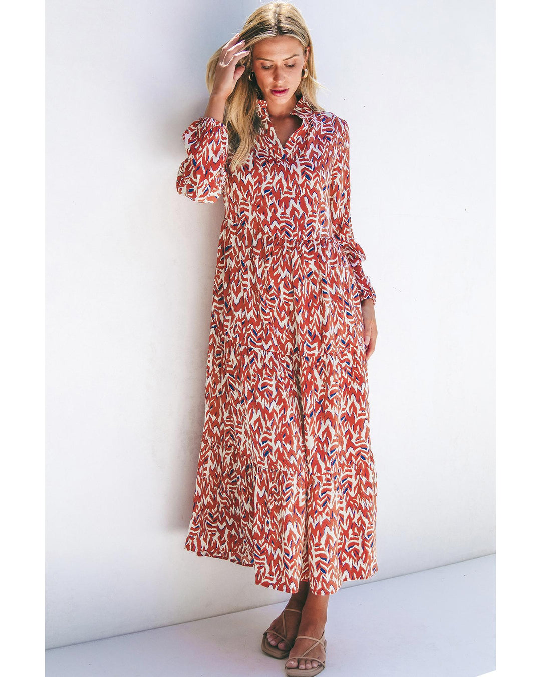 Orange Abstract Print V Neck Pleated High Waist Midi Dress - L