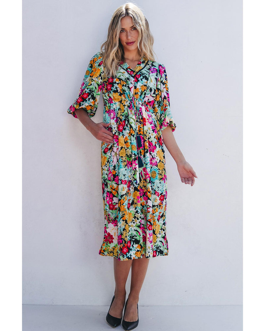 Green Floral Puff Sleeve V Neck Tassel Drawstring Dress - M