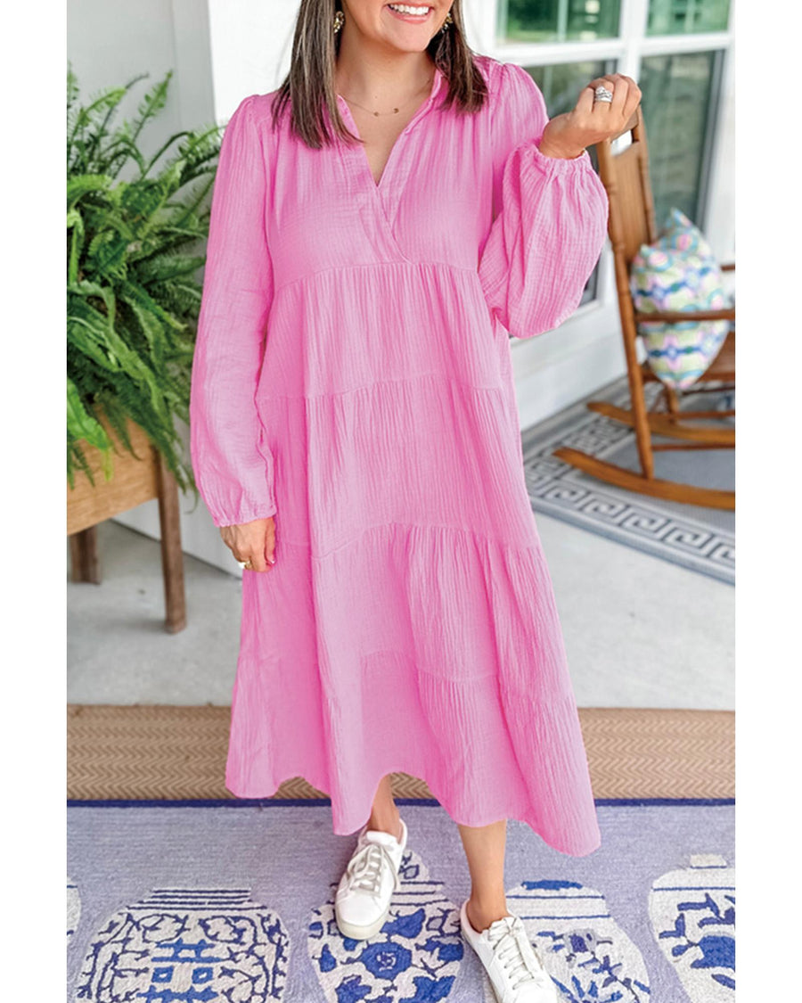 Bonbon Solid Collared V Neck Tiered Loose Fit Midi Dress - S