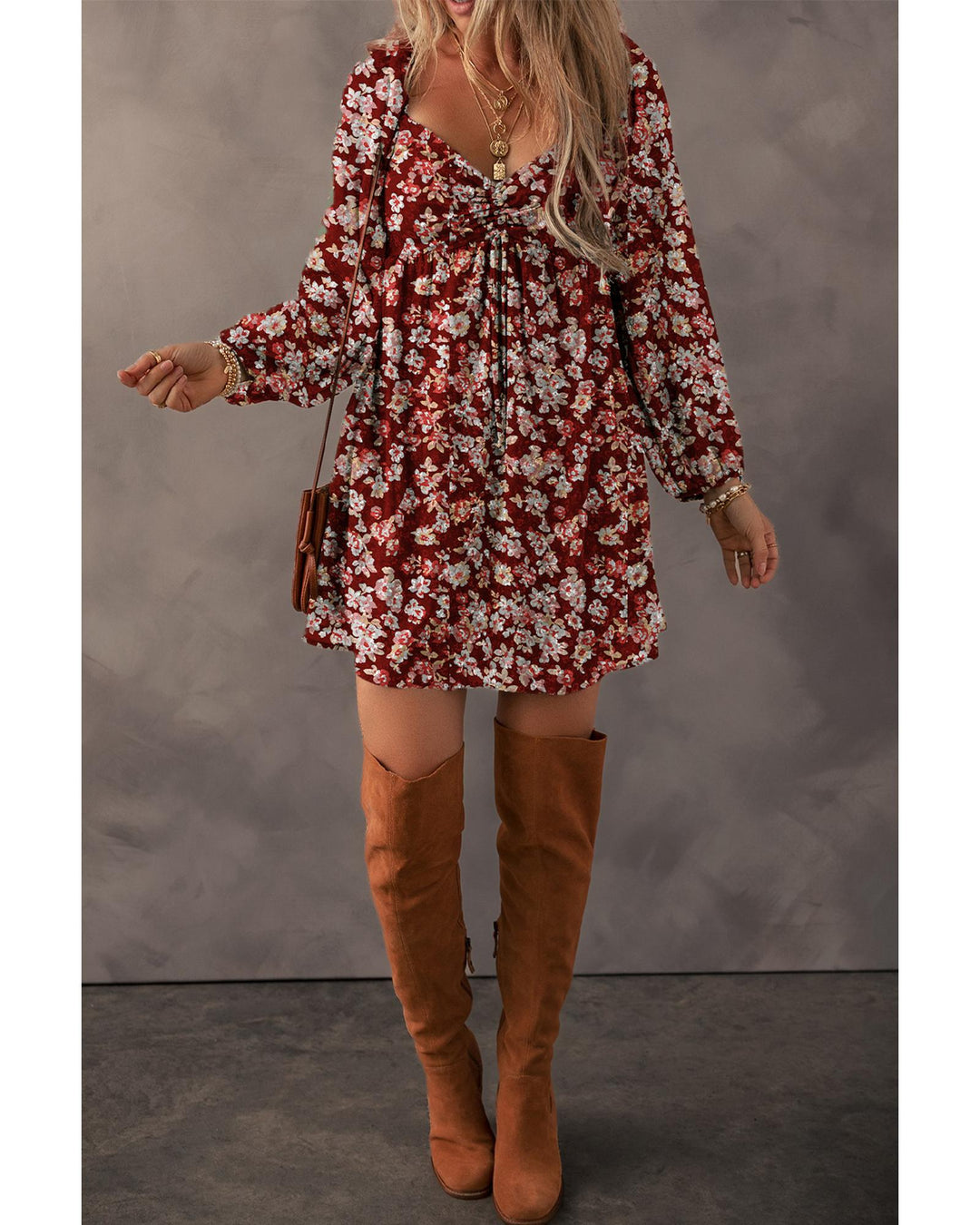 Red Floral Print Sweetheart Neck Shirred Back Mini Dress - S