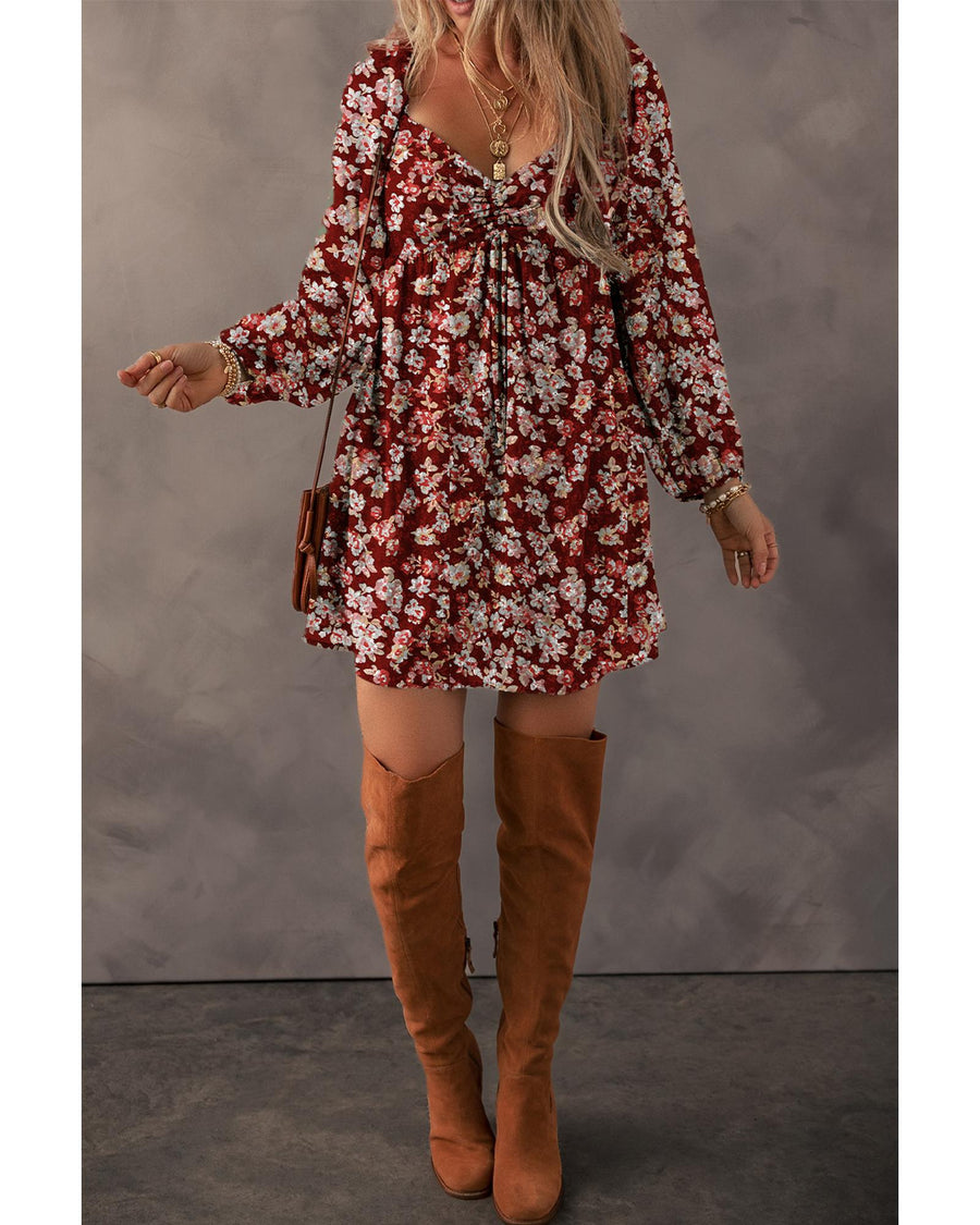 Red Floral Print Sweetheart Neck Shirred Back Mini Dress - S