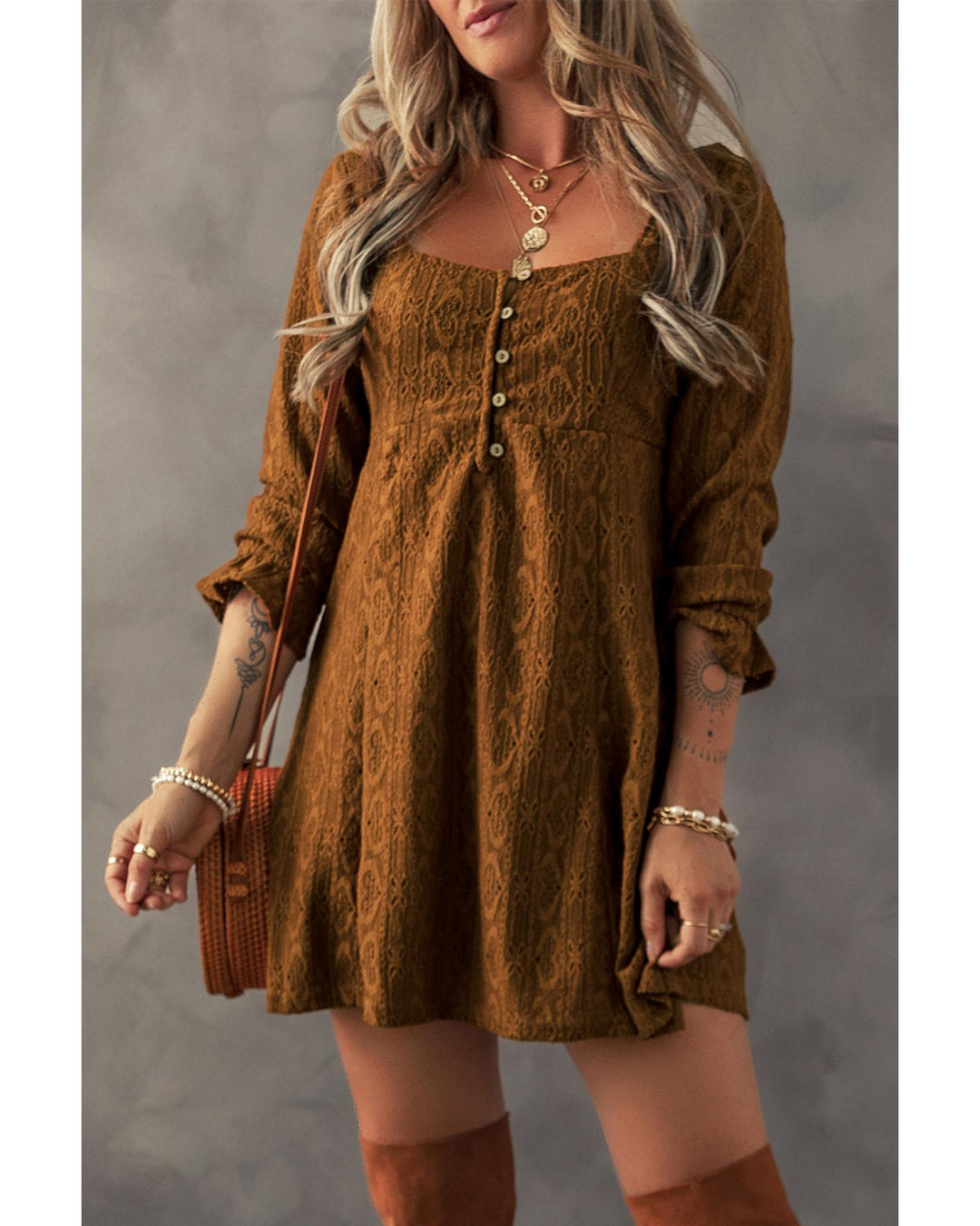 Chestnut Lace Crochet Buttoned Square Neck Shift Mini Dress - S