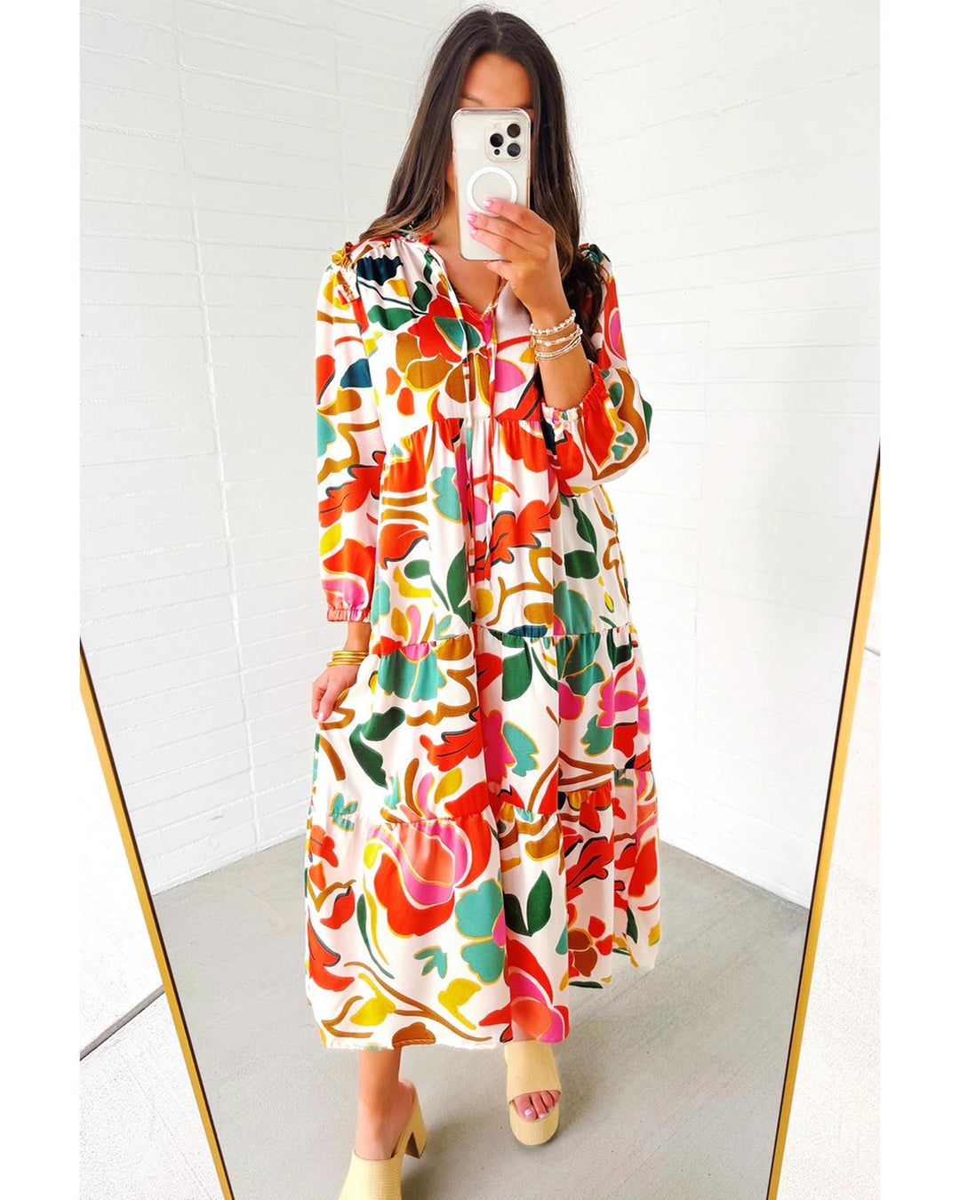 Orange Floral Print Split V Neck Tiered Maxi Dress - S