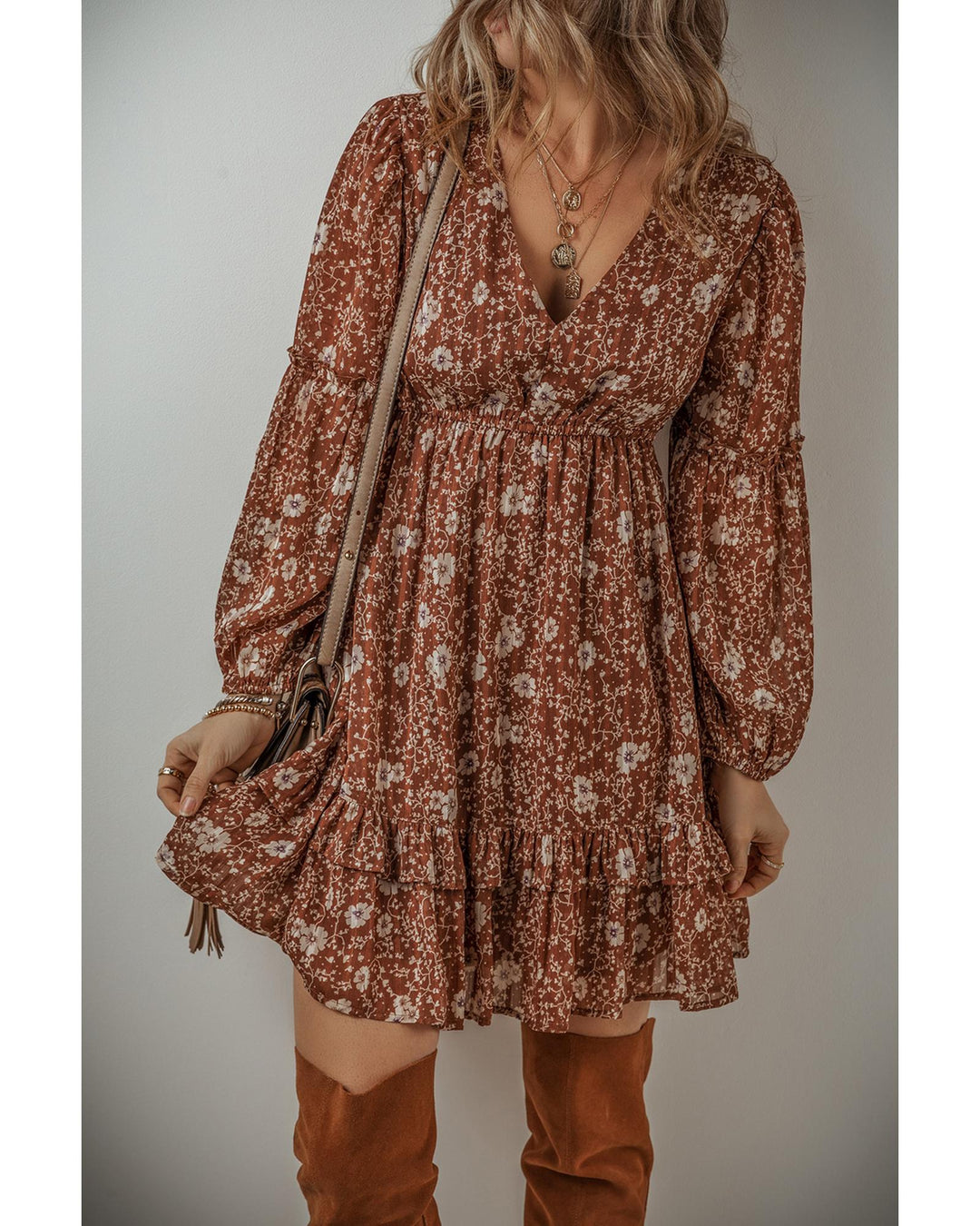 Brown Boho Floral Ruffled Puff Sleeve V Neck Mini Dress - L