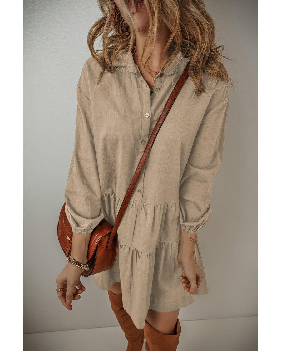 Tan Puff Sleeve Buttoned Tiered Pleated Shirt Mini Dress - L