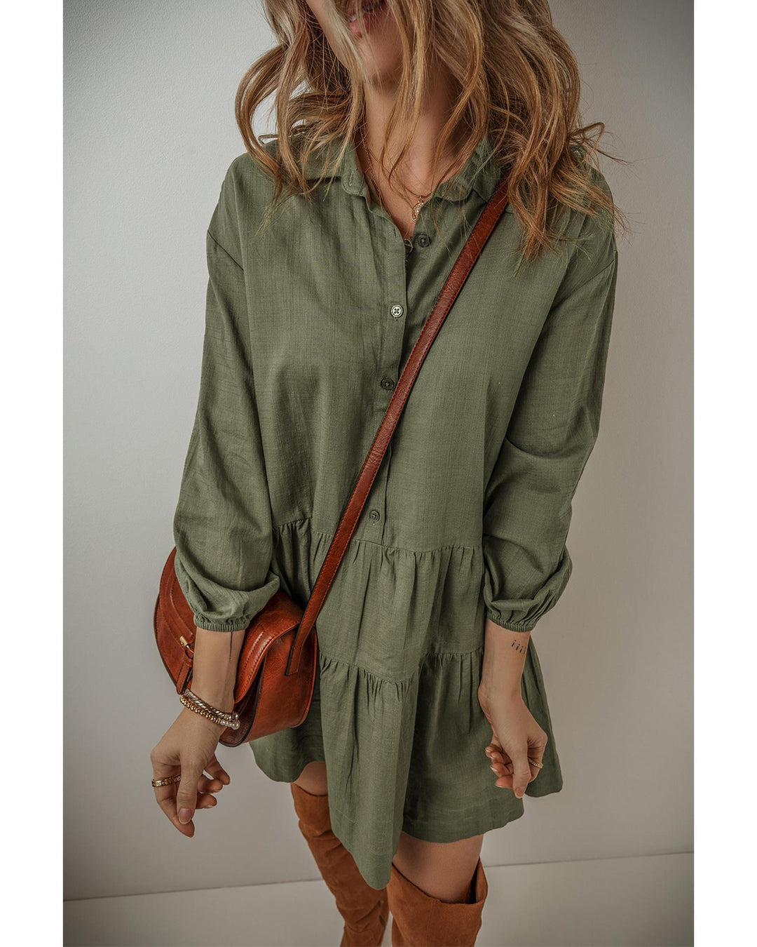 Jungle Green Puff Sleeve Buttoned Tiered Pleated Shirt Mini Dress - XL