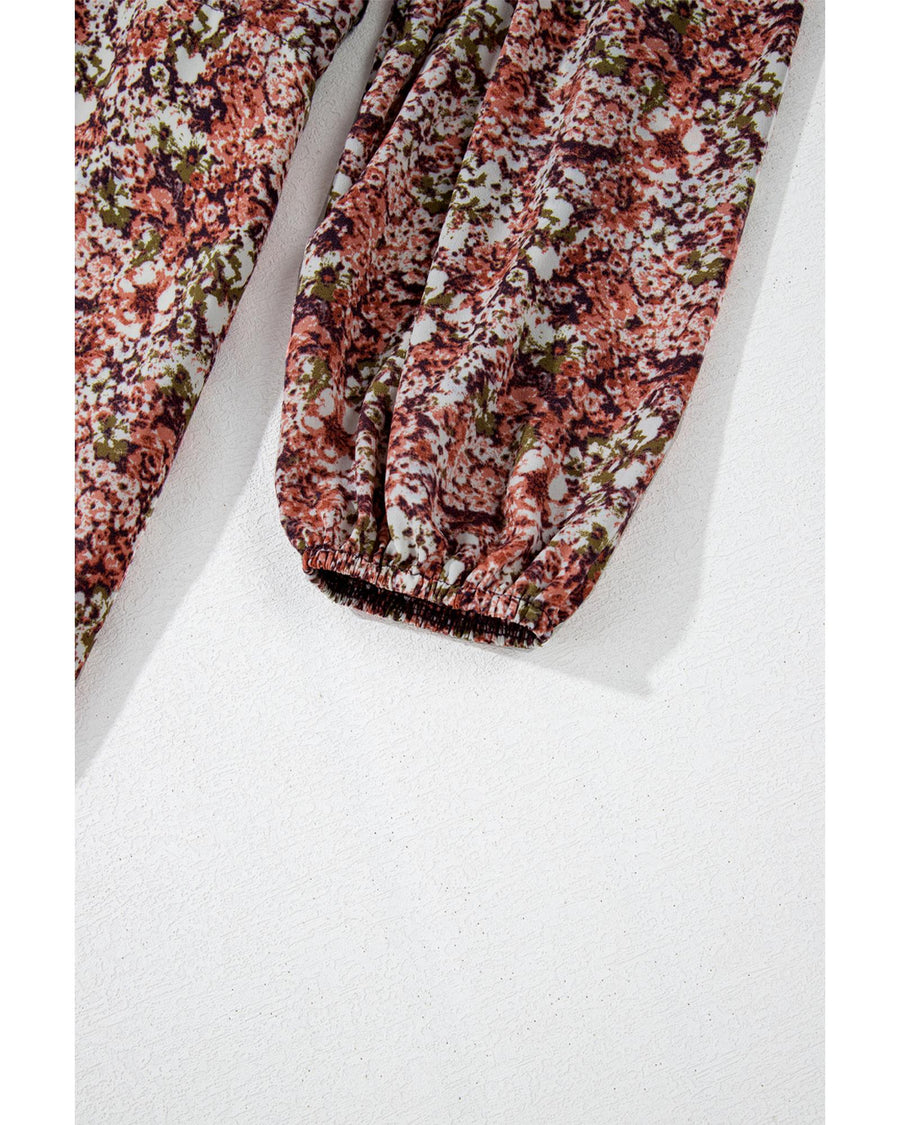 Brown Floral Print Split Front Tiered Frilled V Neck Midi Dress - S