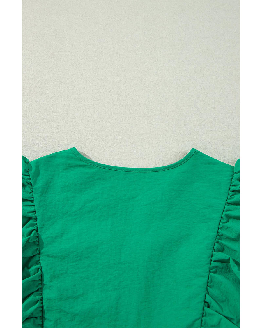 Bright Green Embroidered Ruffled Trim 3/4 Sleeve V Neck Mini Dress - XL