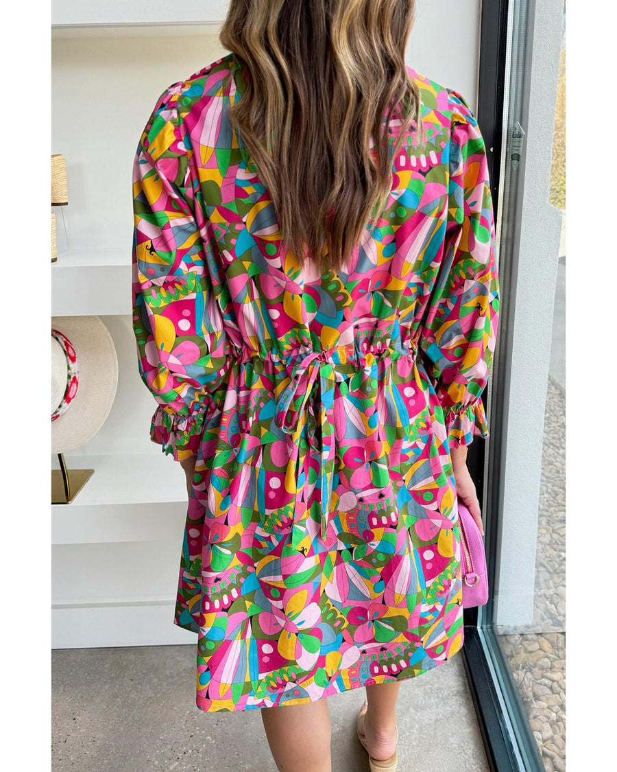 Pink Abstract Printed Lantern Sleeve Buttoned Mini Dress - XL