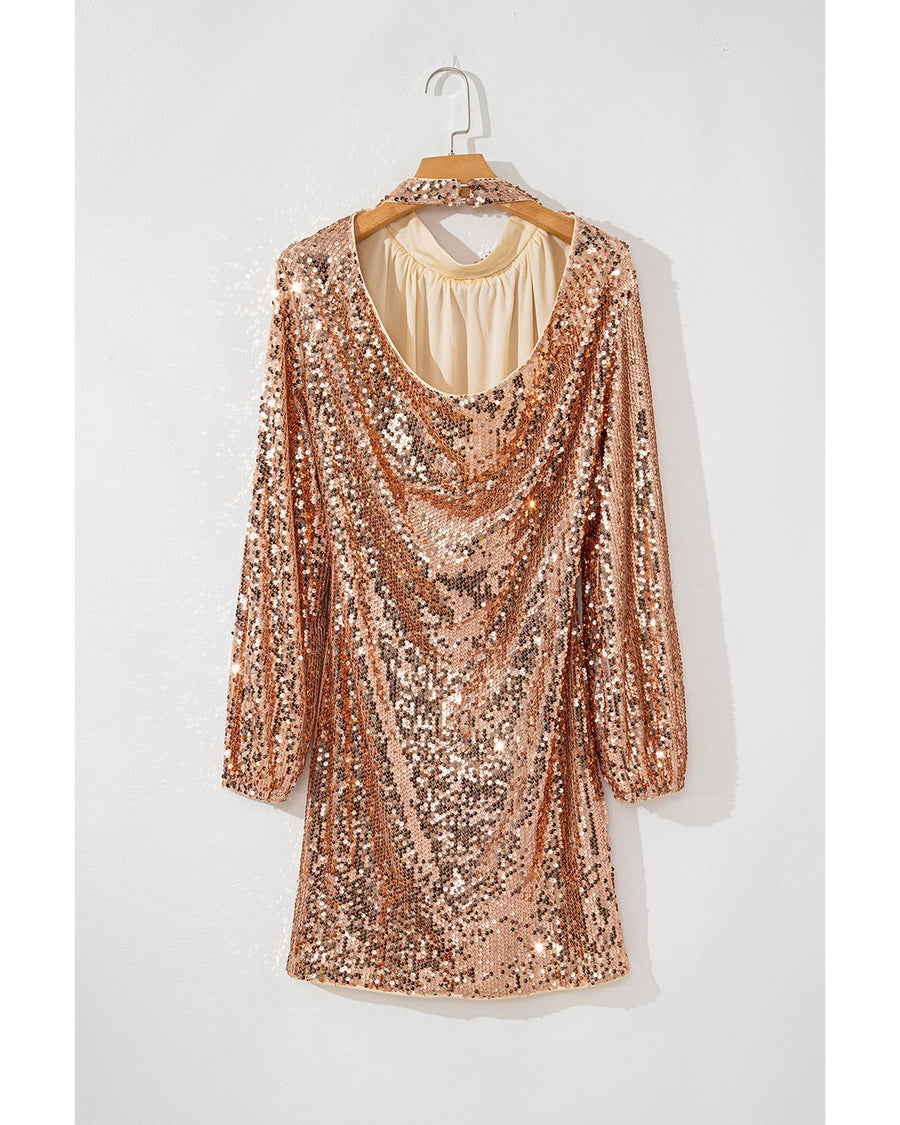 Gold Sequined Long Sleeve Cutout Back Mini Dress - XL