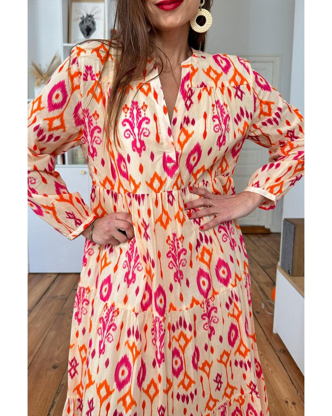 Orange Western Abstract Geometric Printed Maxi Dress - M