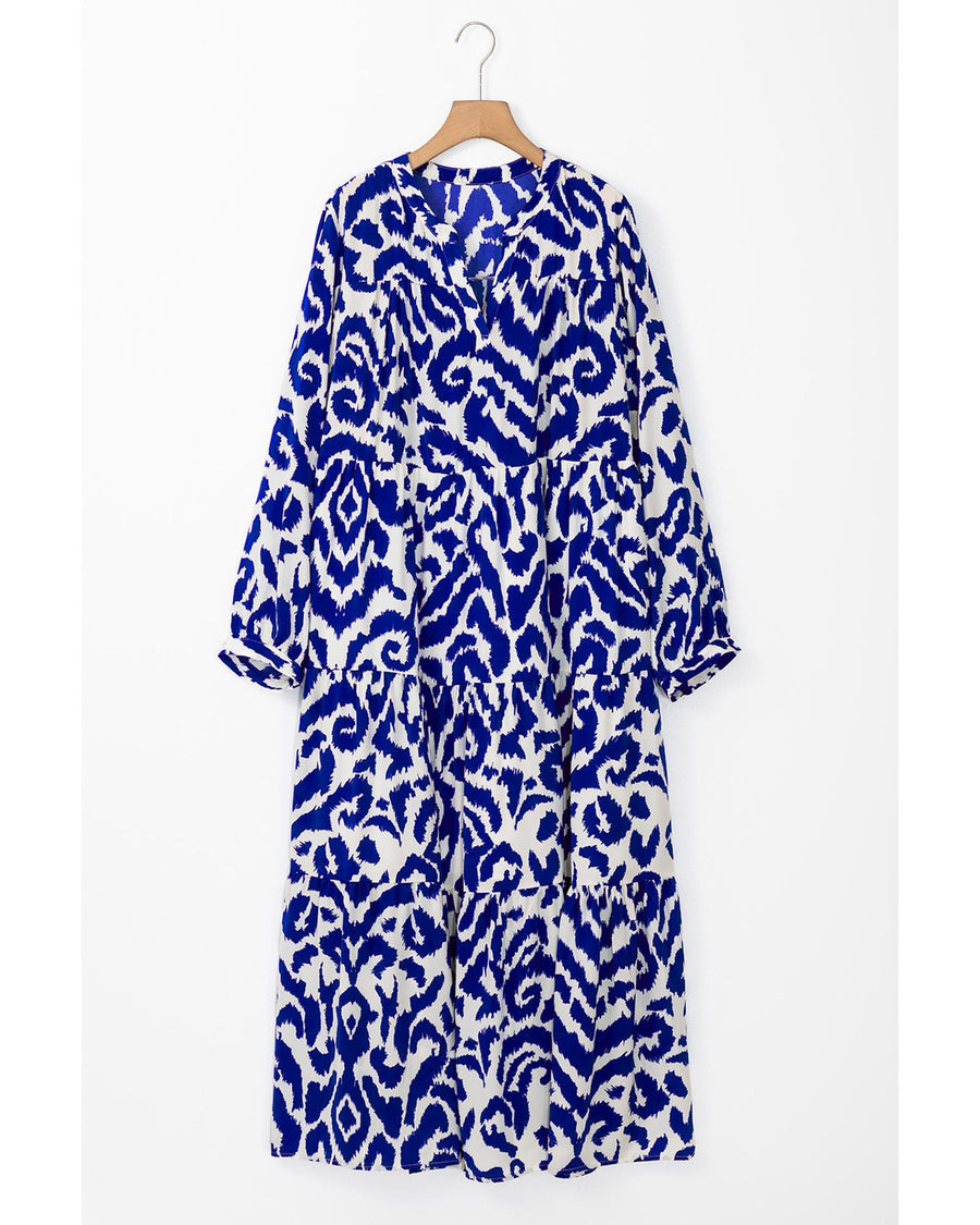Blue Western Abstract Geometric Printed Maxi Dress - S