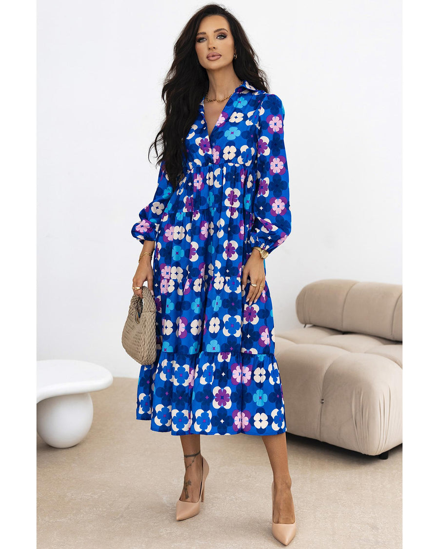Blue Floral Peasant Sleeve Tiered Ruffle Midi Dress - S