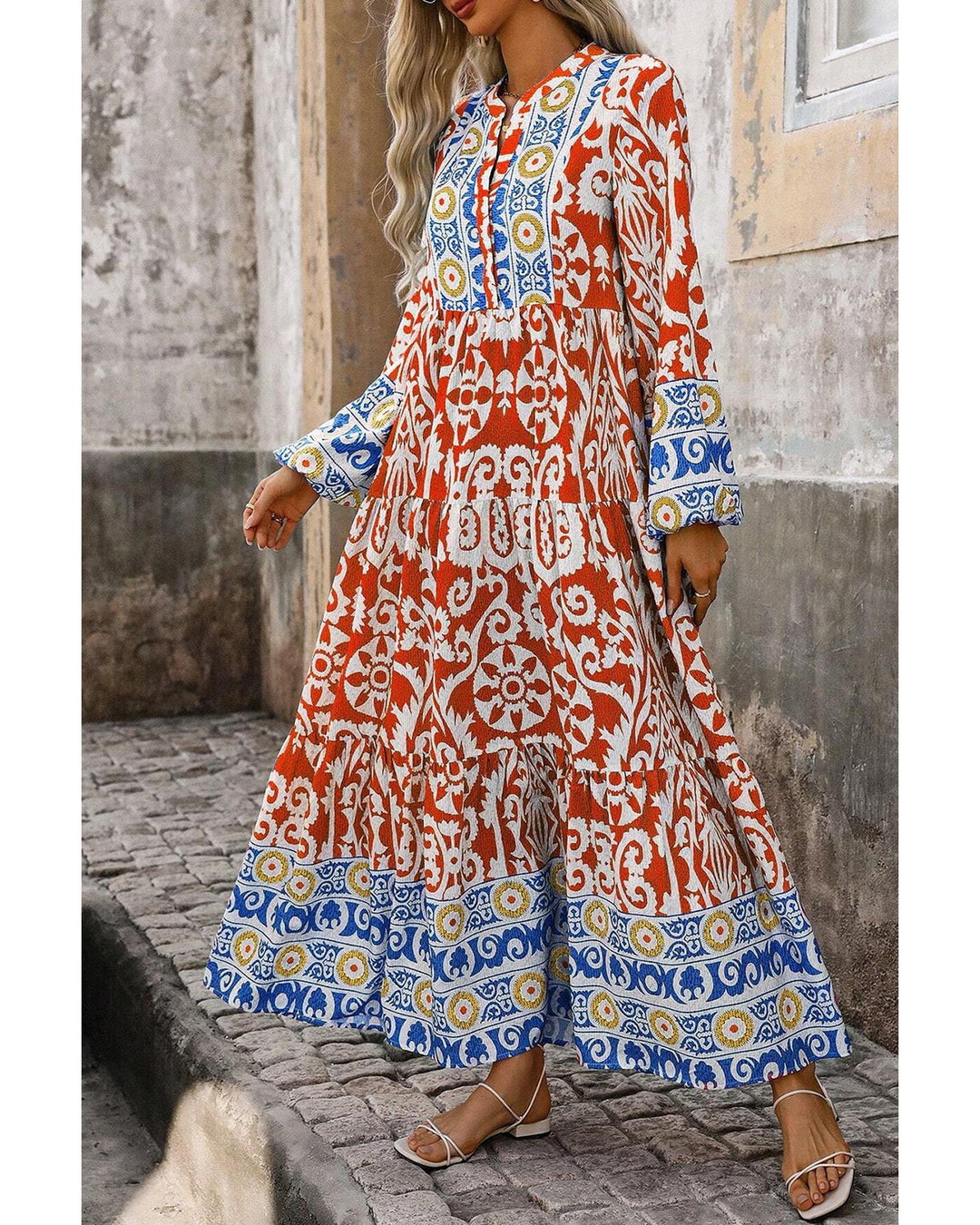 Orange Boho Geometric Printed Long Sleeve Maxi Dress - M