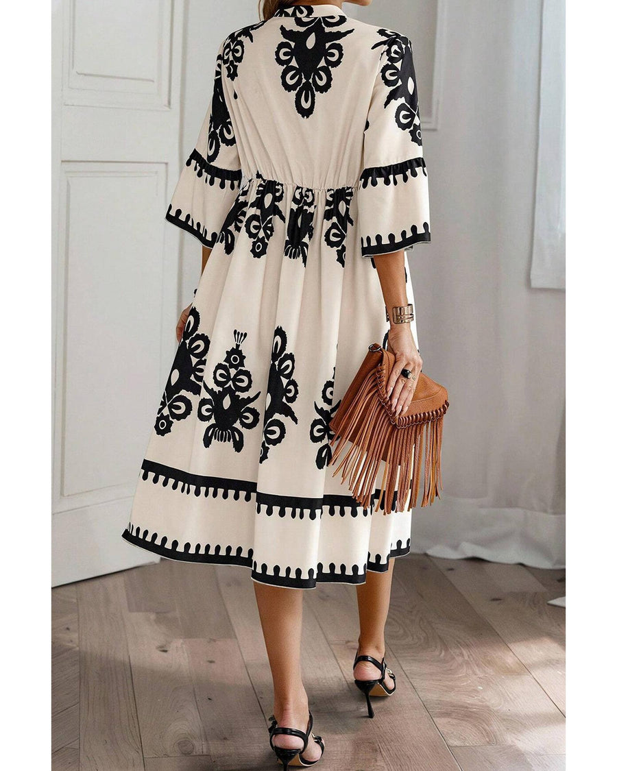 Beige Western Geometric Print 3/4 Sleeve Loose Midi Dress - S