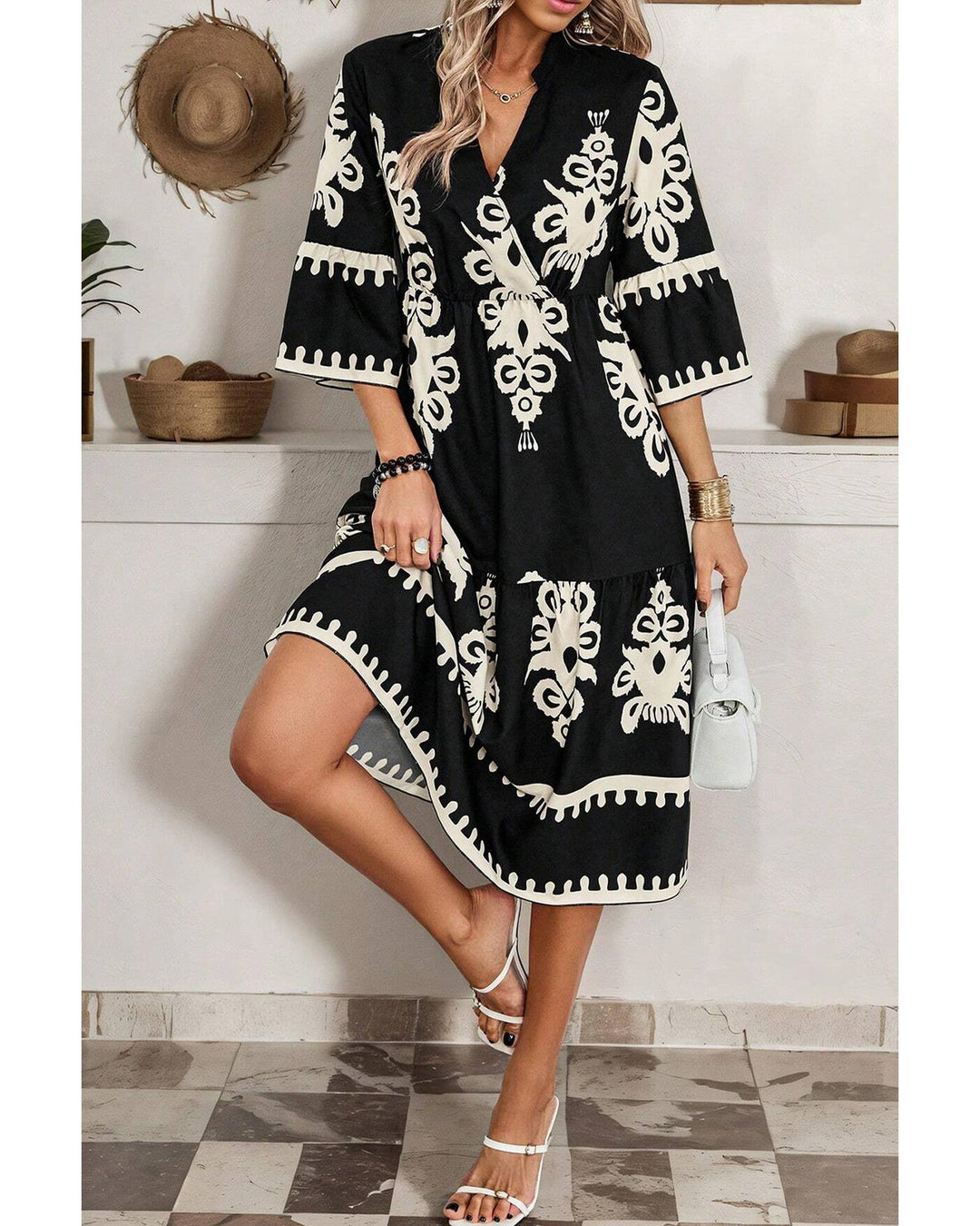 Black Western Geometric Print 3/4 Sleeve Loose Midi Dress - L