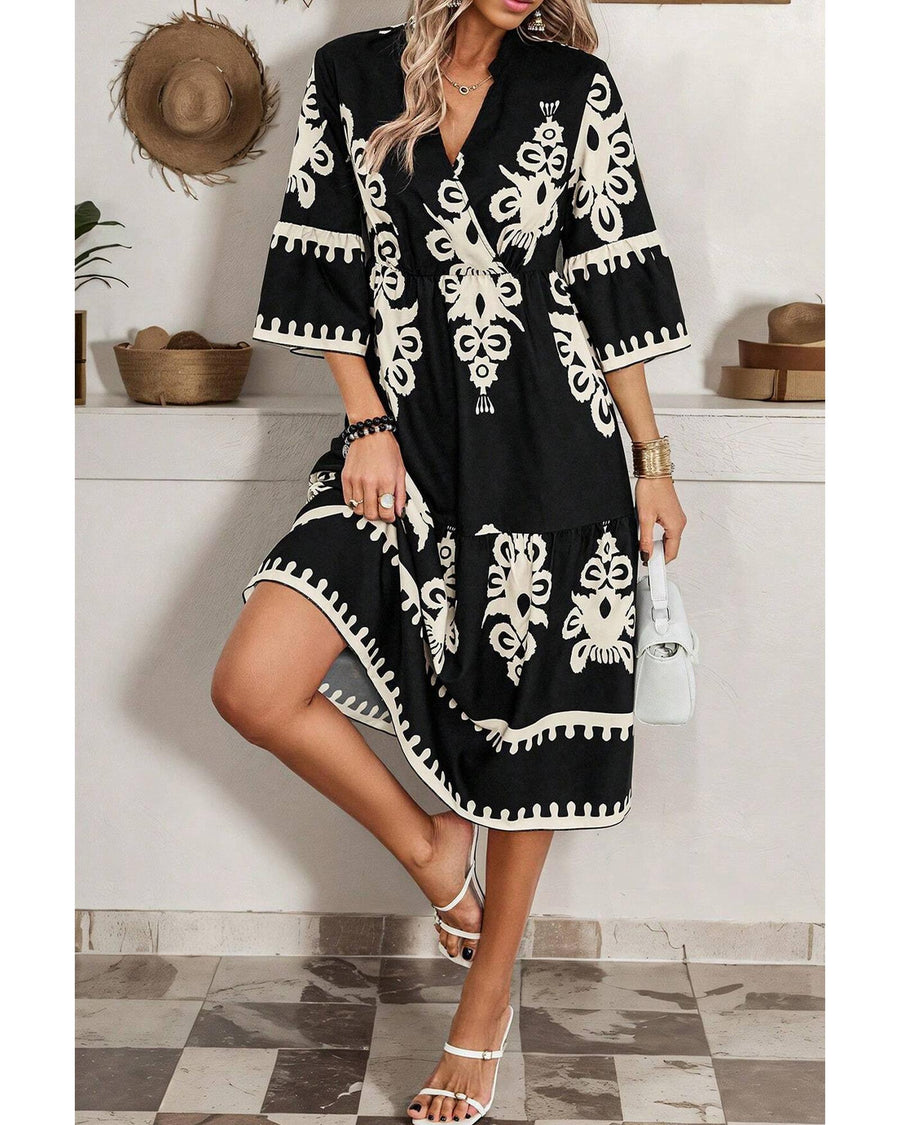 Black Western Geometric Print 3/4 Sleeve Loose Midi Dress - L