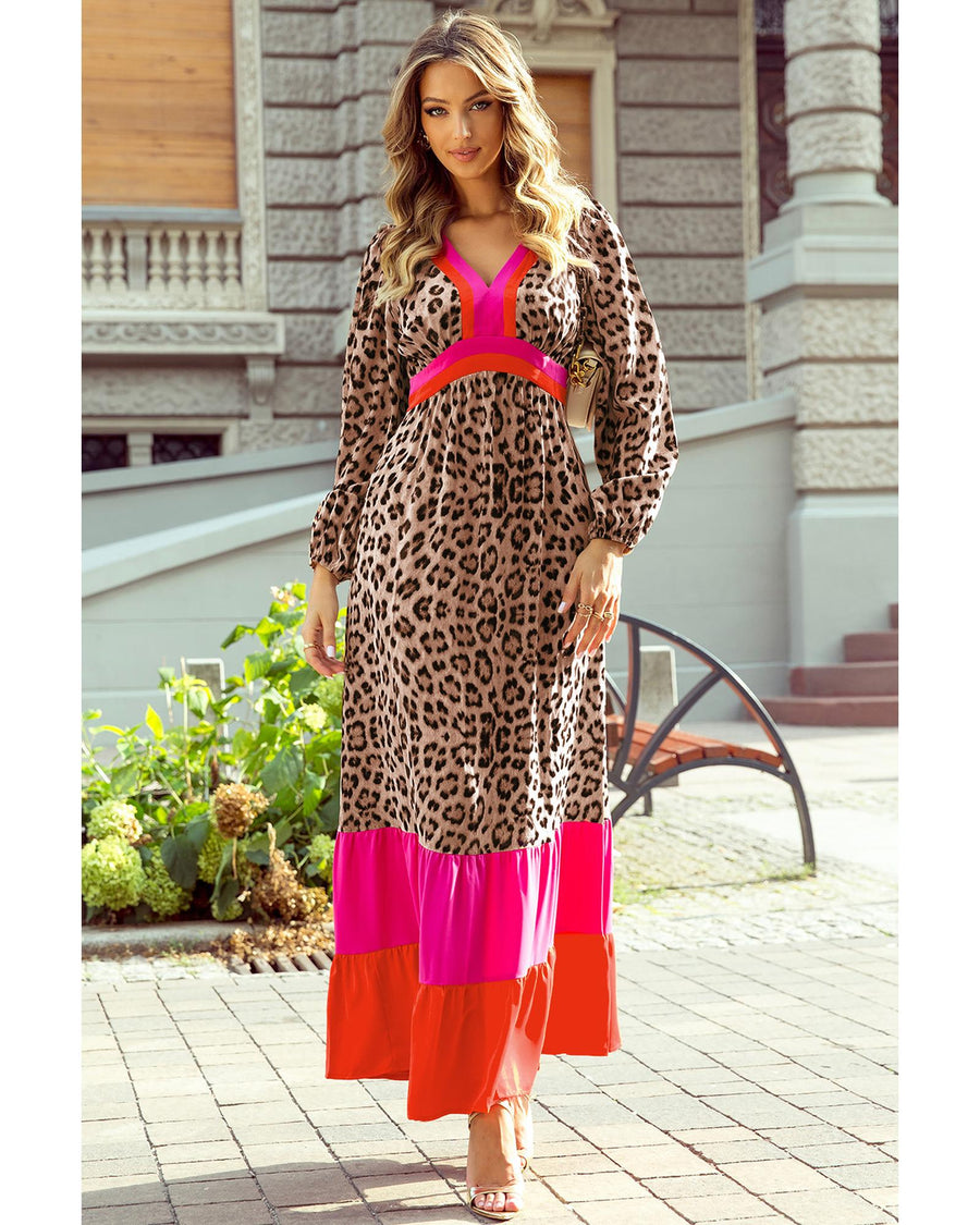 Brown Leopard Color Block V Neck Loose Fit Maxi Dress - S
