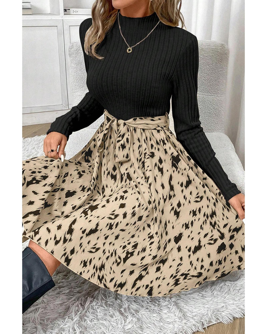 Black Ribbed Knit Patchwork Printed Belted A-line Dress - M