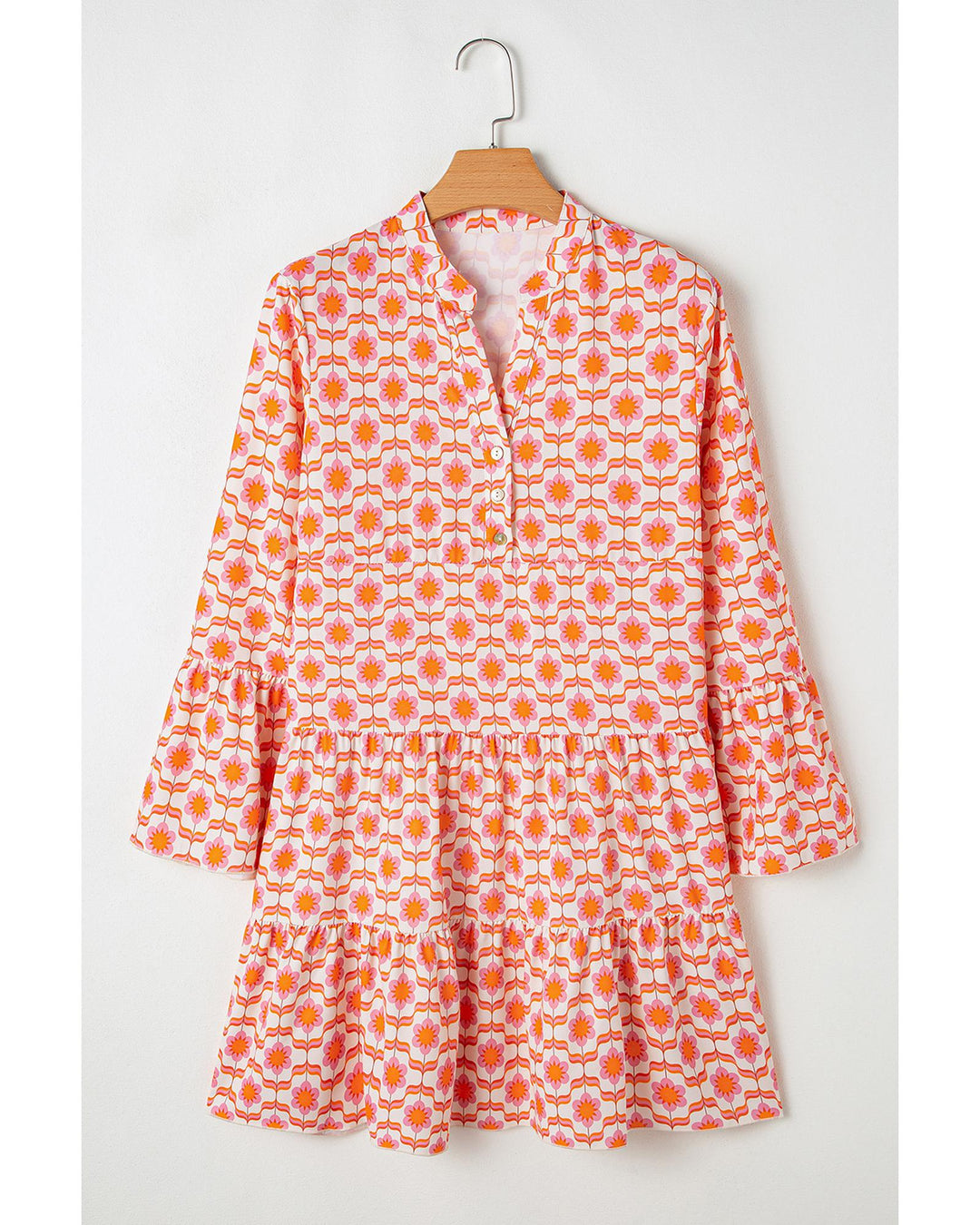 Orange Floral Print Flounce Sleeve Buttoned Front Mini Dress - M