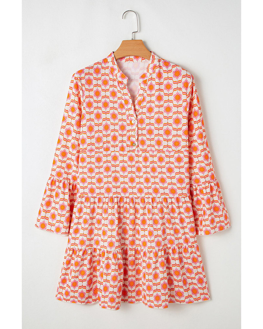 Orange Floral Print Flounce Sleeve Buttoned Front Mini Dress - M