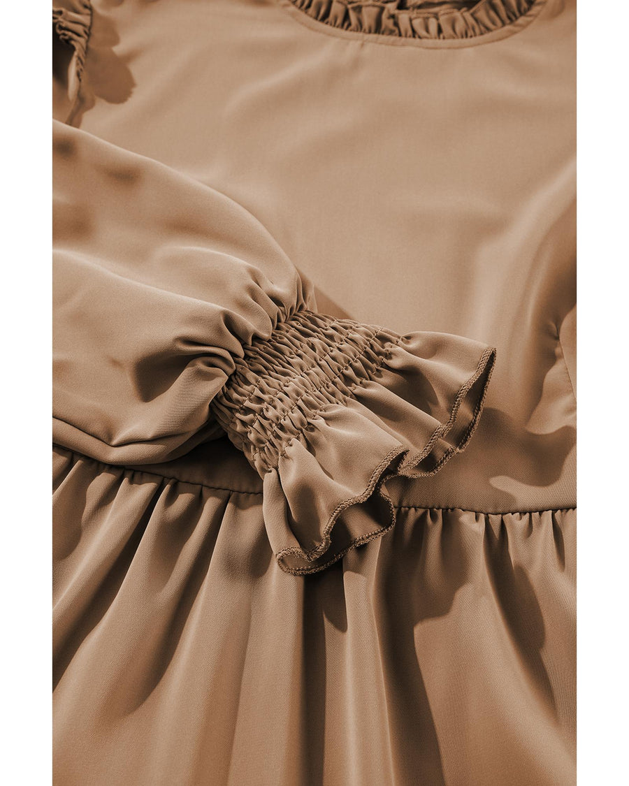 Light French Beige Frilled Collar Ruffled Shoulder Tiered Dress - S