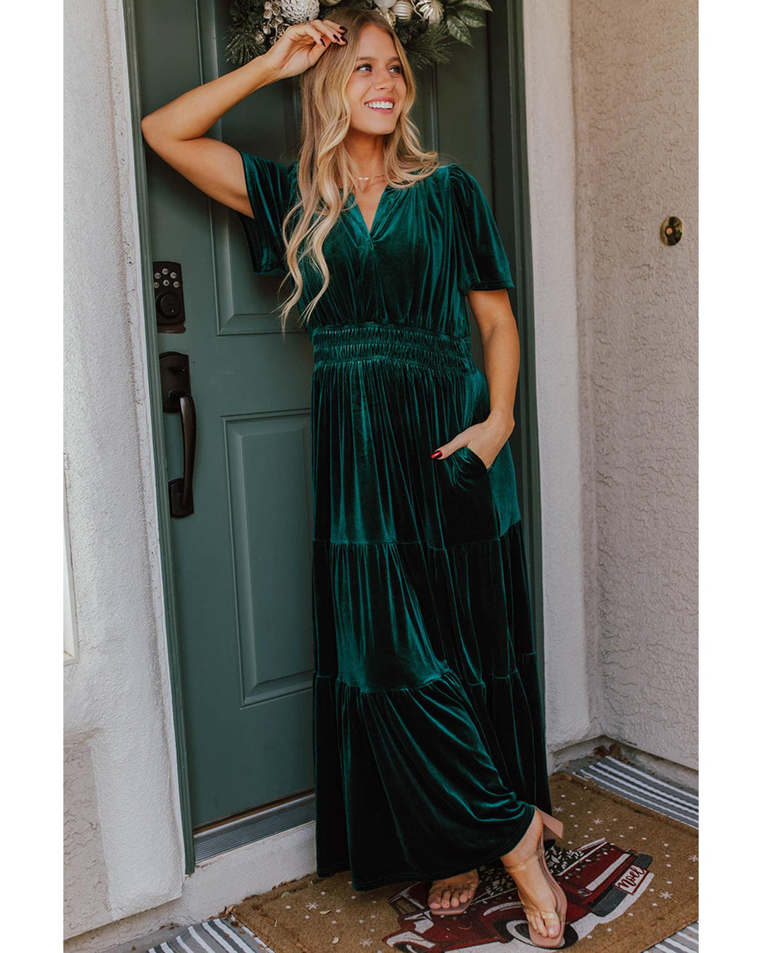 Evergreen Velvet Short Sleeve Shirred Waist Tiered Maxi Dress - L