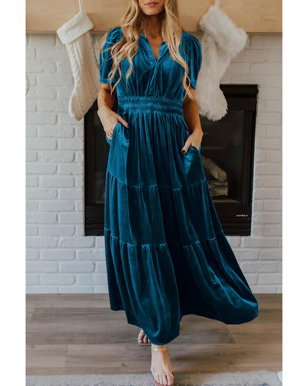 Prussian Blue Velvet Short Sleeve Shirred Waist Tiered Maxi Dress - M