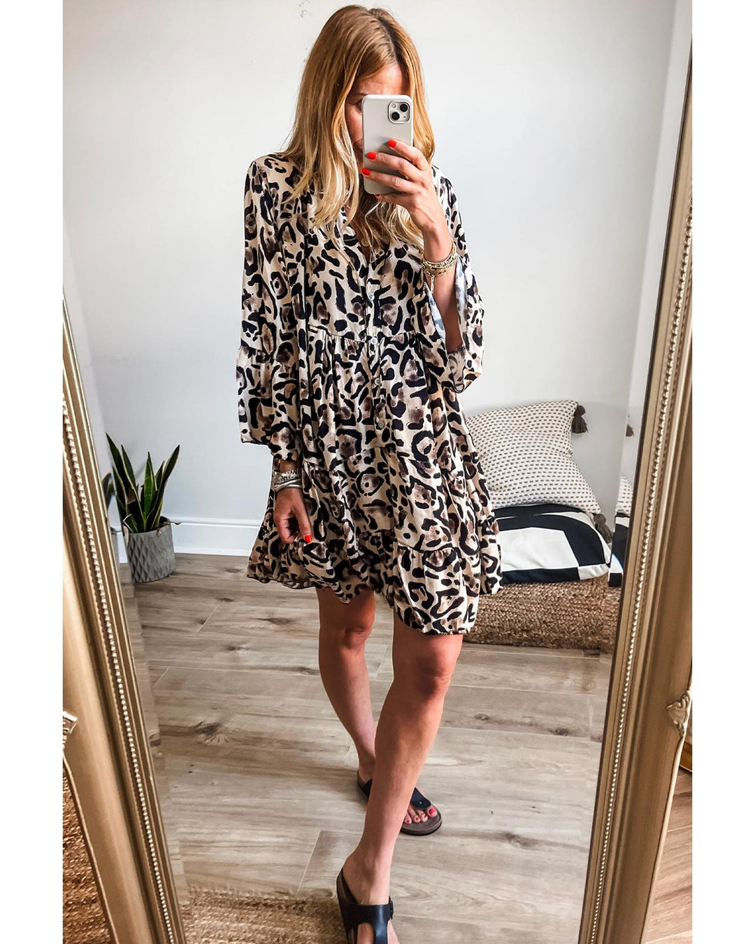 Black Leopard Print Buttoned Front 3/4 Sleeve Tiered Ruffled Hem Dress - XL